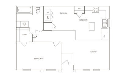 B - 1 bedroom floorplan layout with 1 bath and 751 square feet
